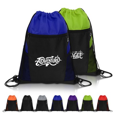Zippered Drawstring Backpack with Mesh Pockets