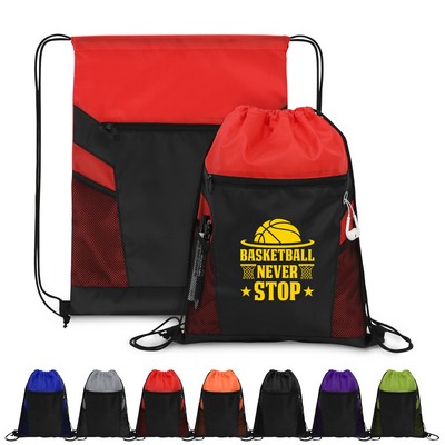 Zippered Drawstring Backpack With Mesh Pockets